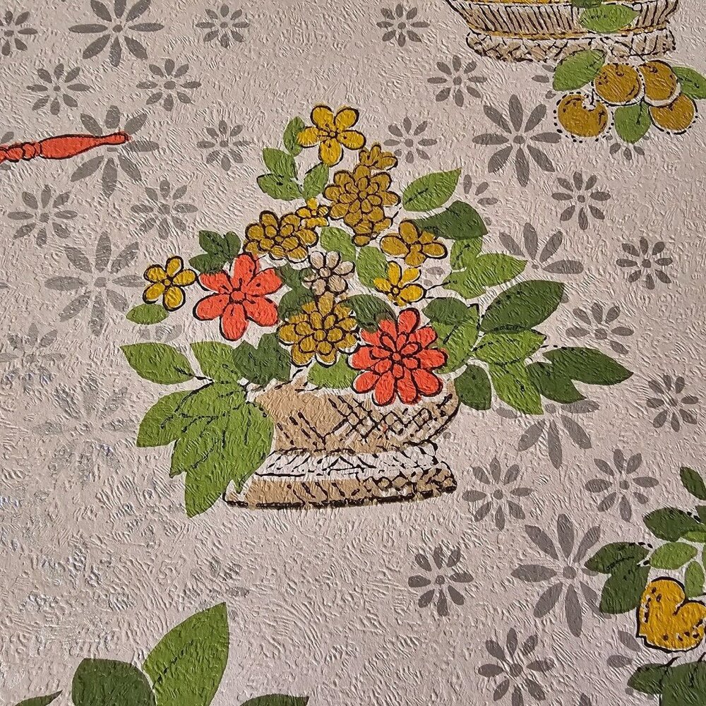 Vintage Wallpaper Sample Sheet Rustic Farmhouse Kitchen Fruit Basket Crafting